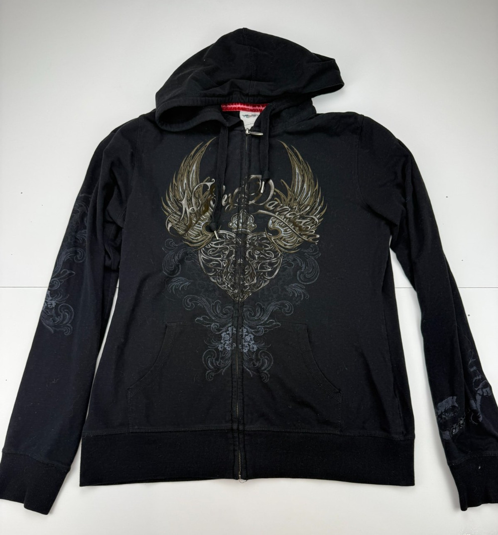 Harley-Davidson Women's L Black Full Zip Hoodie Angel Wings Floral Y2K